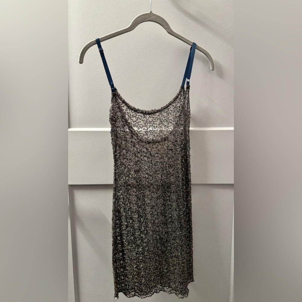 Lush Sequin Mesh Tank Top with Blue Straps